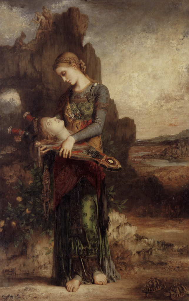 Orpheus paintings: Gustave Moreau, Thracian Girl Carrying the Head of Orpheus on His Lyre, 1865, Musée d’Orsay, Paris, France.
